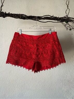 Sans Souci Scarlet Red High-Waist Crochet Lace Shorts